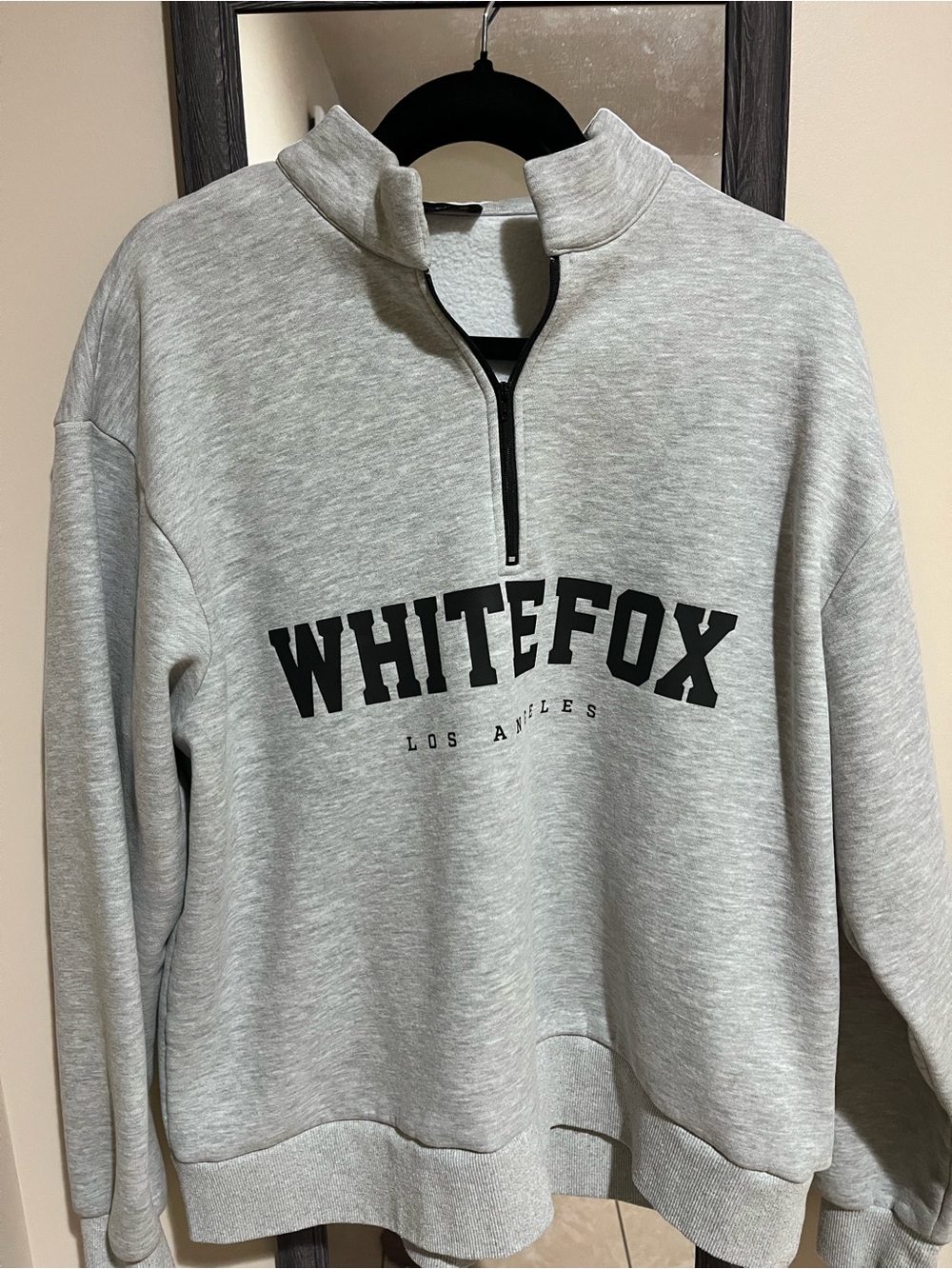 White Fox Boutique Light Heather Gray Zip Pullover with Black Logo